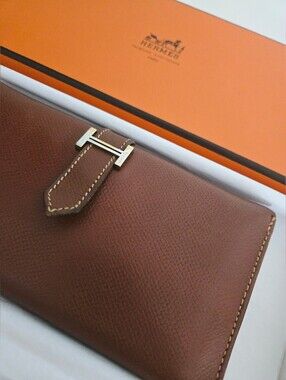 Authentic HERMES Bearn Soufflet Bifold Brown & Gold Iconic "H" Wallet Clutch Set